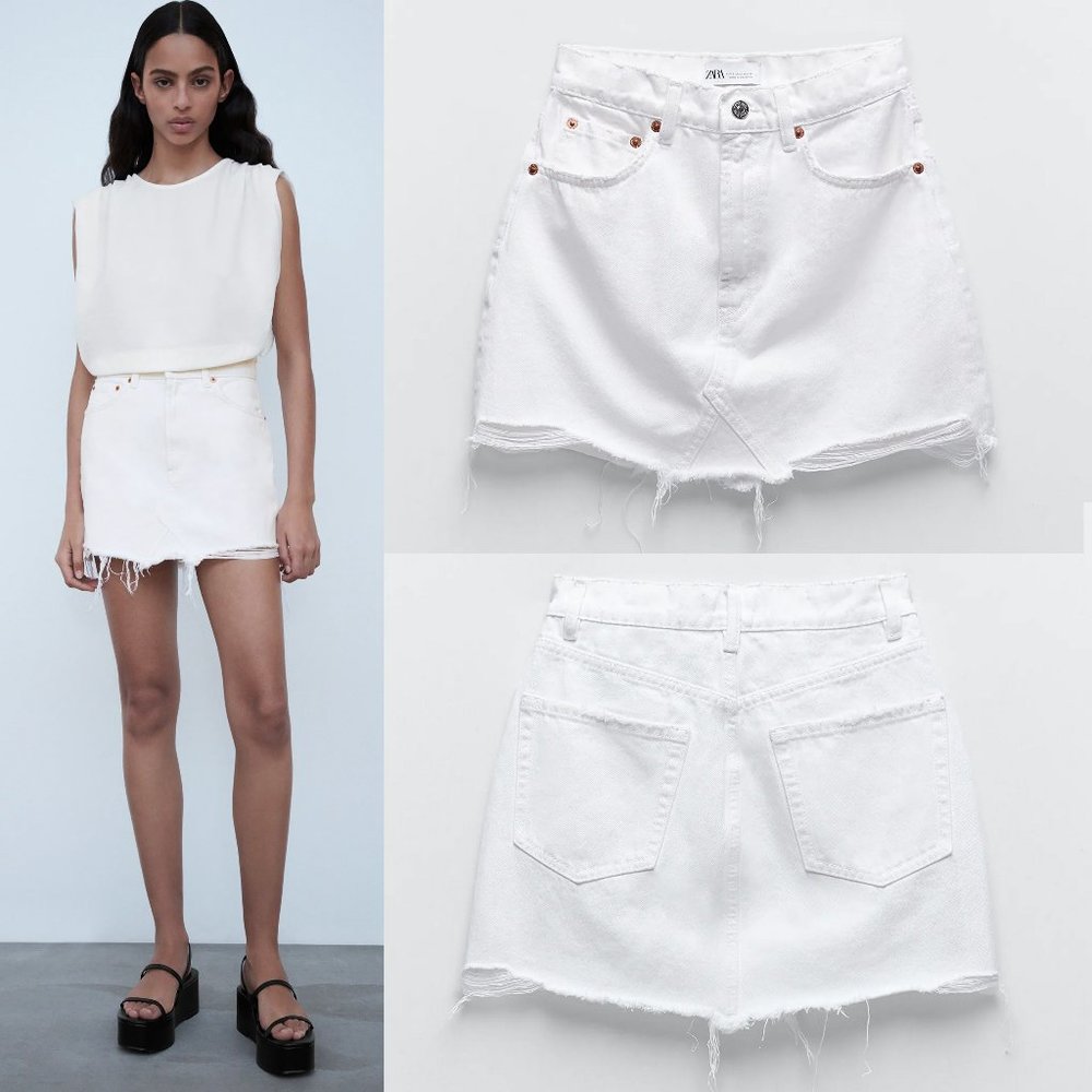 NEW Zara White Distress Ripped Denim Mini Skirt M